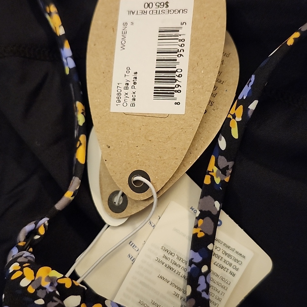NWT PRANA Onyx Bay Tie Back Halter Bikini Top Multicolor Black Petals Medium - Picture 4 of 6